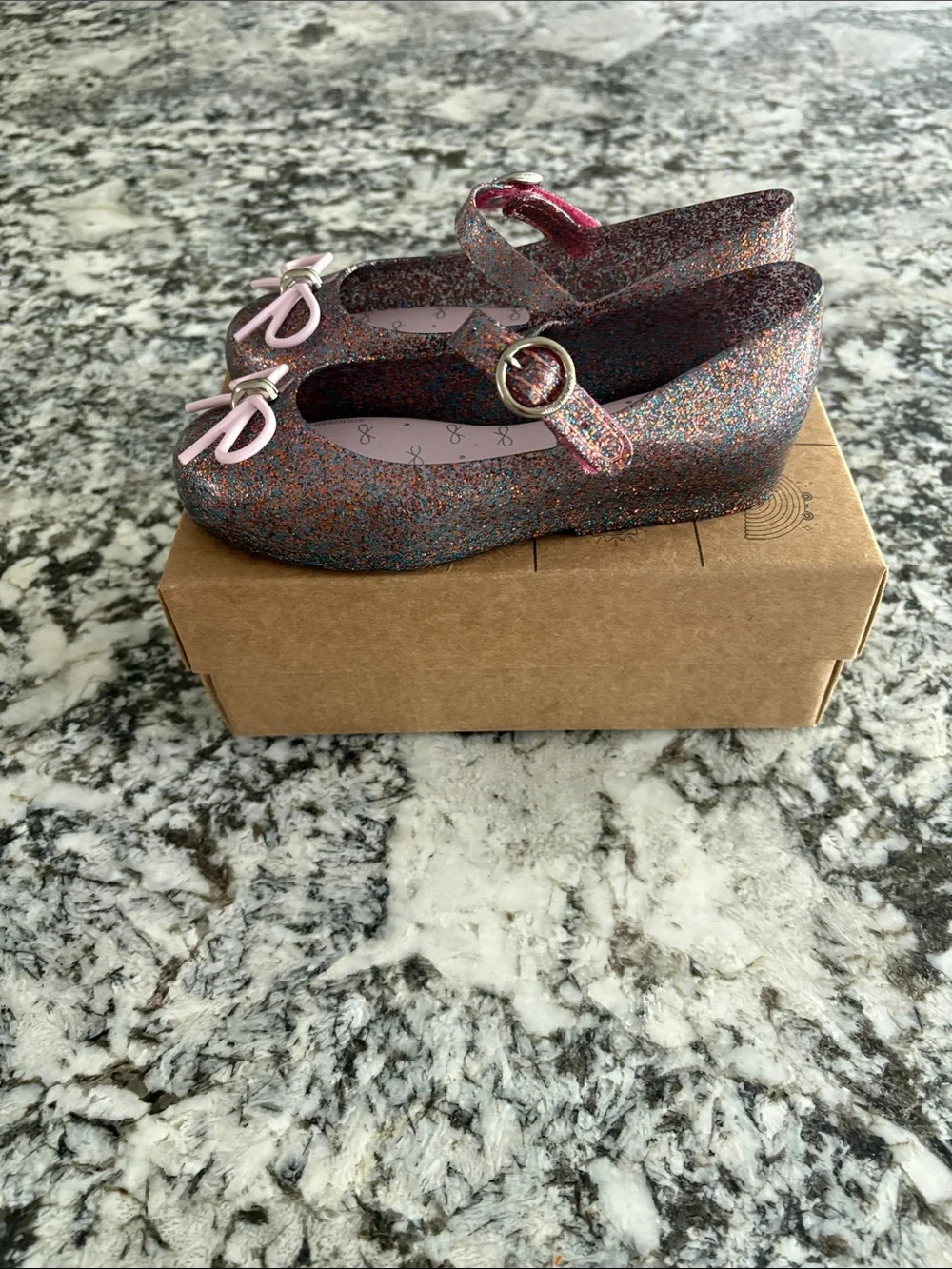 Mini Melissa Multi-Color Glitter Mary Jane Shoes with Pink Bow